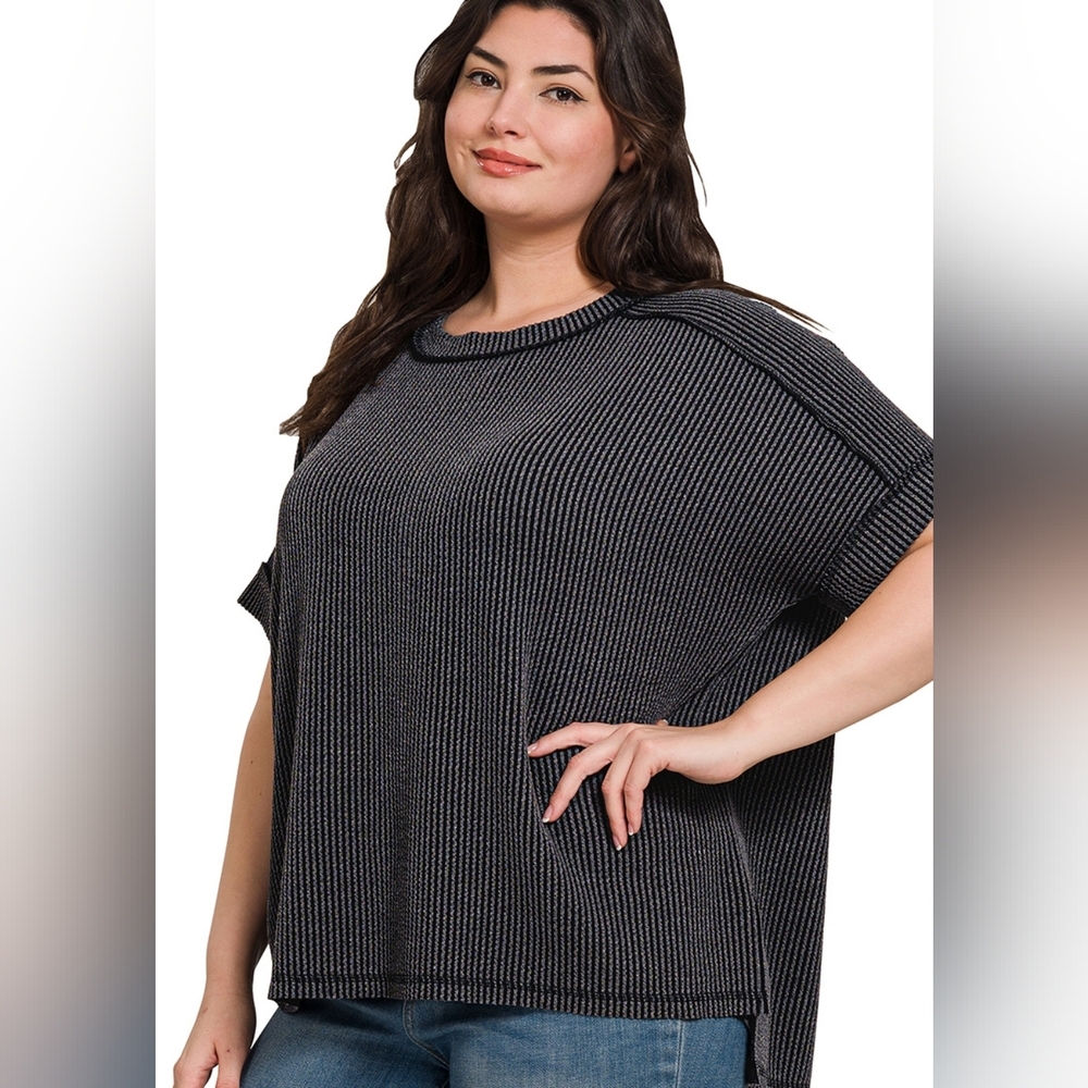 Zenana Plus Corded Rib Cuff Sleeve Raw Edge Top Charcoal
